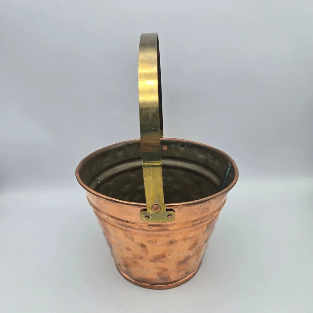 Vintage Artisan Made Hammered Copper Bucket Pail Brass Handle Signed CH 1991